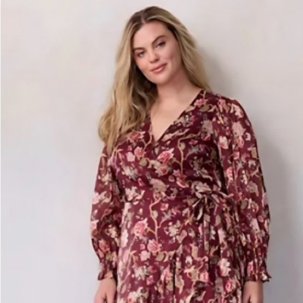 LC Lauren Conrad Burgundy Floral Wrap Midi Dress with Tie Waist